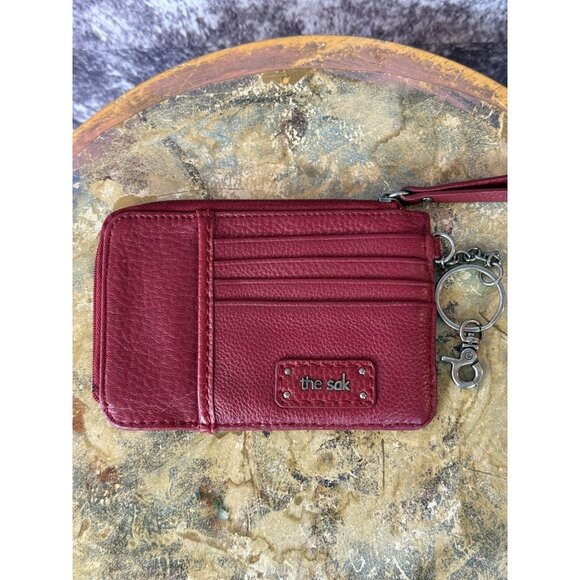 The Sak Leather Wallet Red Heart Embroidered Zip Small Keychain Boho Card Case - Picture 2 of 7